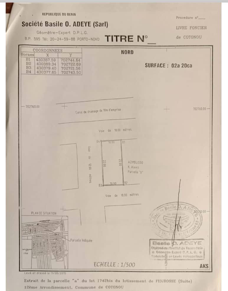 PARCELLE A VENDRE A COTONOU FIDJROSSE