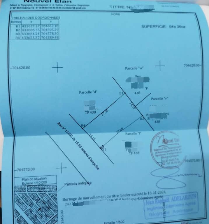 PARCELLE AVEC TITRE FONCIER PERSONNEL À COTONOU