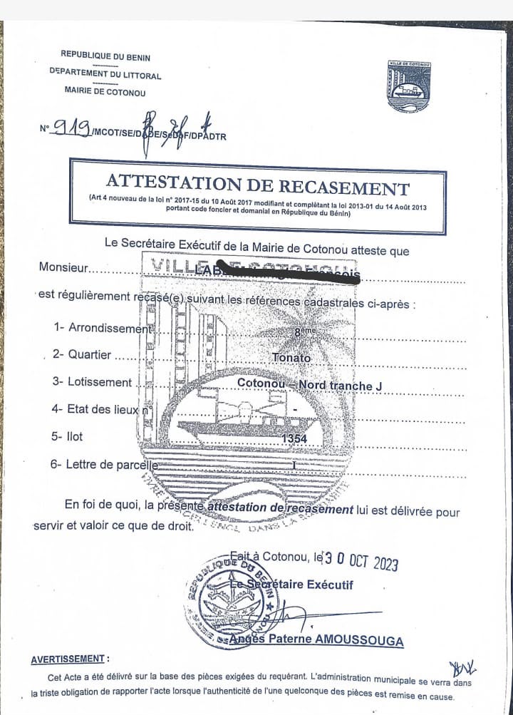 PARCELLE A VEBDRE A COTONOU VEDOKO DONATO